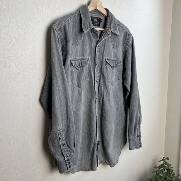 Vintage RRL Ralph Lauren Mens Gray Western Denim Shirt Size Medium Pearl Snap - Picture 2 of 16